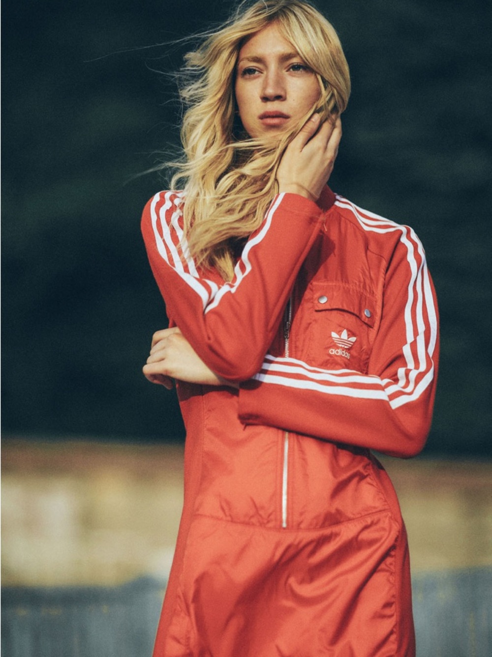 Vintage 2005 Adidas Red Women's Zip-Front Bomber Jacket Dress with White Stripes